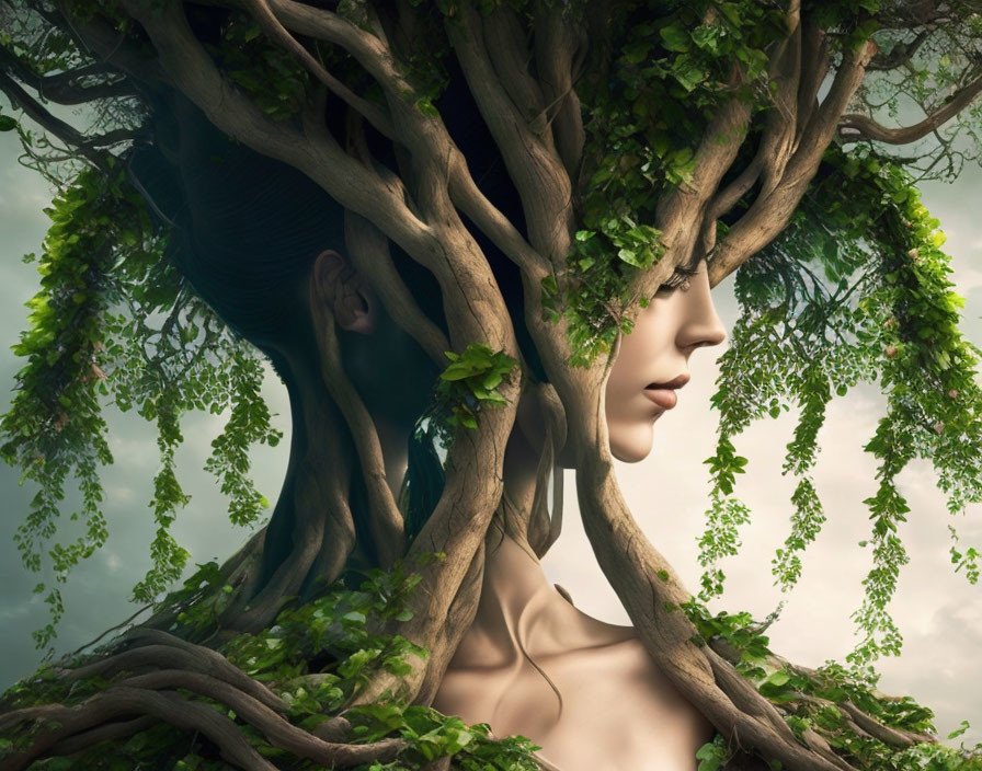 Surreal image of woman's profile merging with tree, adorned with green leaves and vines