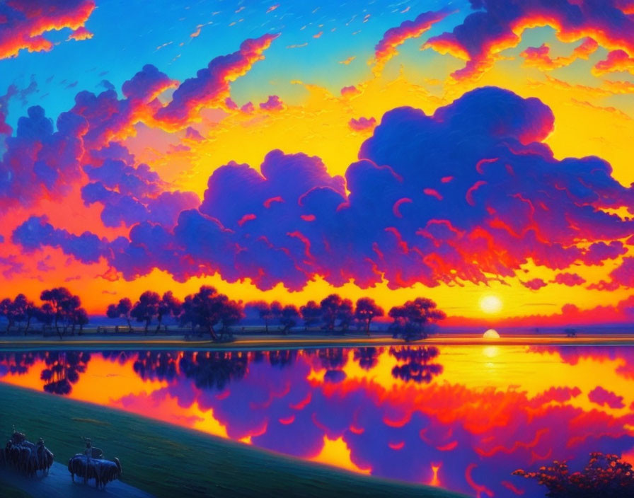 Scenic sunset with fiery clouds, tranquil lake, silhouetted trees, and birds.