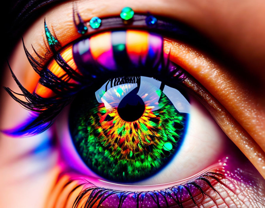 Close-Up of Colorful Eye with Multicolored Iris and Sparkling Gems