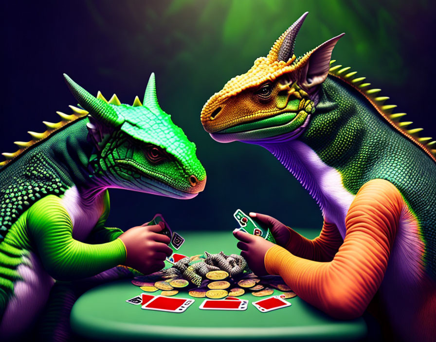 Stylized dragons playing poker with coins and cards on green table