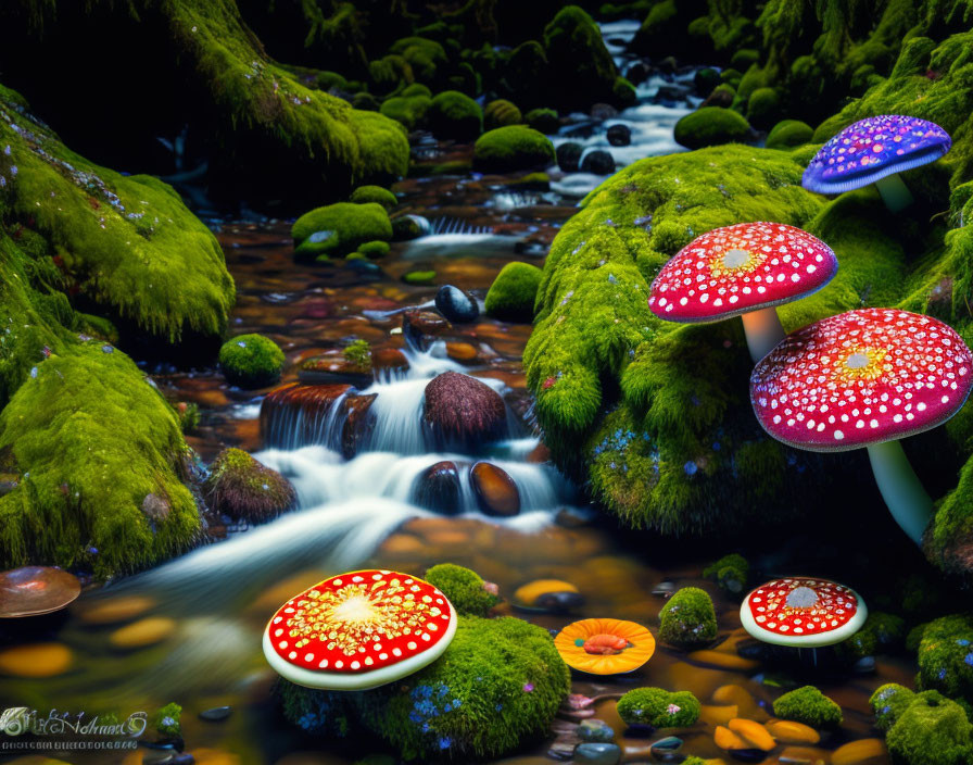 Colorful oversized mushrooms in a fantasy-inspired stream setting