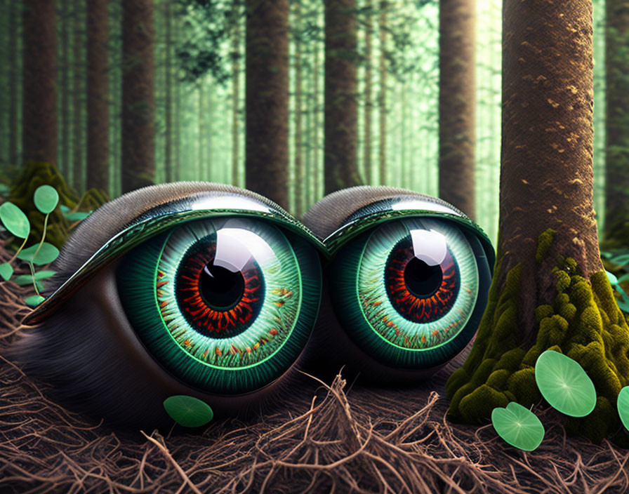 Vivid green eyes nestled among tree roots in magical forest