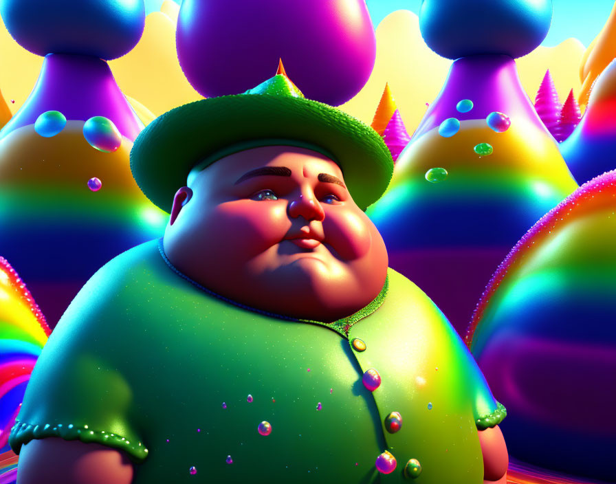 Colorful Cartoon Image of Plump Character in Green Outfit
