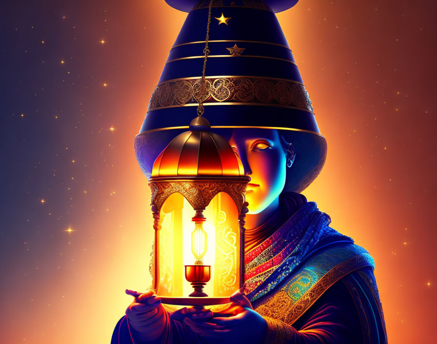 Person in Traditional Attire Holding Lantern Against Starry Backdrop