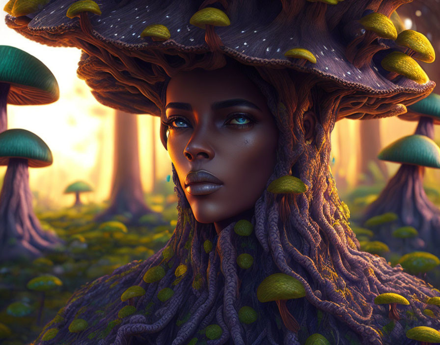 Digital artwork: Woman with mushroom cap headdress in mystical forest