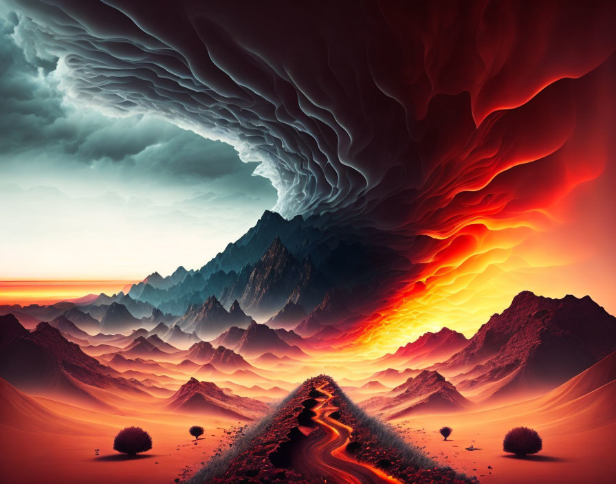Fiery red skies and swirling clouds above mountainous terrain