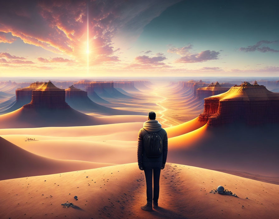 Person standing on desert dune at sunrise with majestic rock formations under vibrant sky