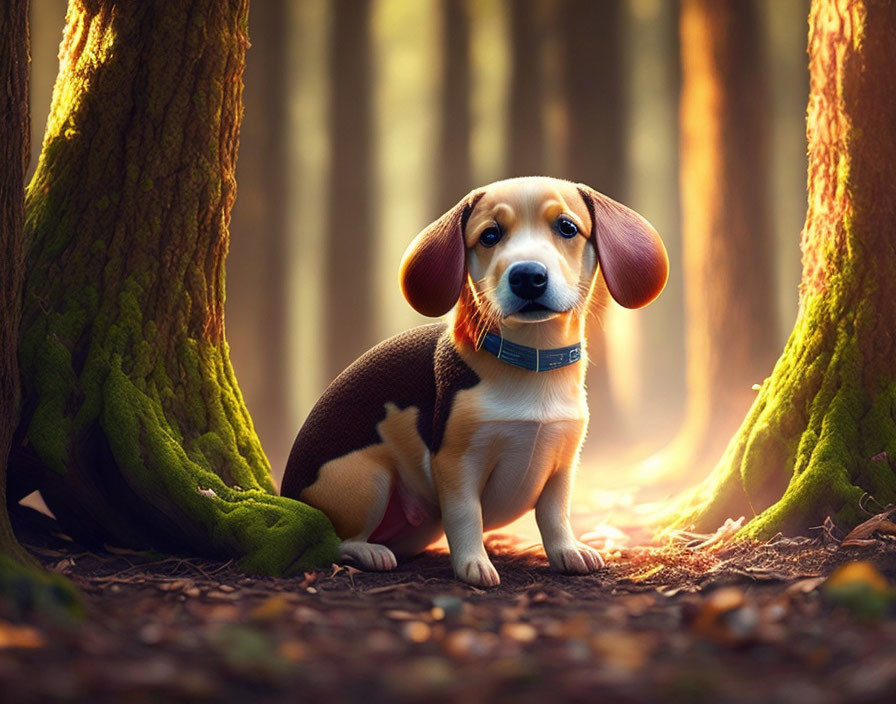 Beagle puppy with floppy ears in sunlit forest