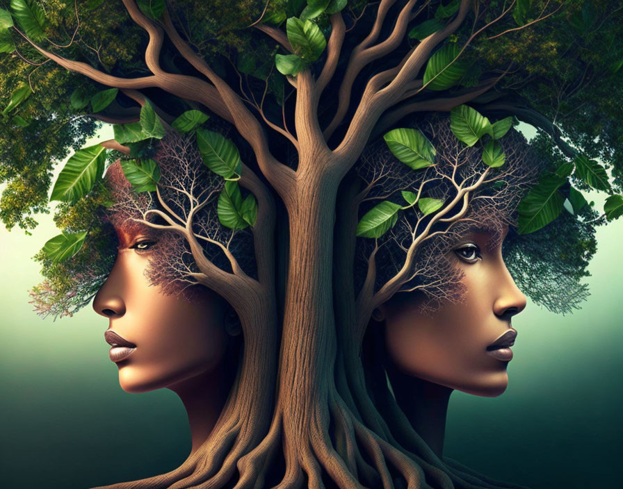 Digital Artwork: Symmetrical Faces Blended with Tree, Nature-Human Connection
