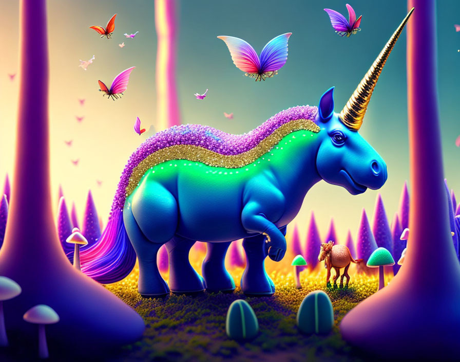 Colorful Whimsical Unicorn in Mushroom Forest Landscape