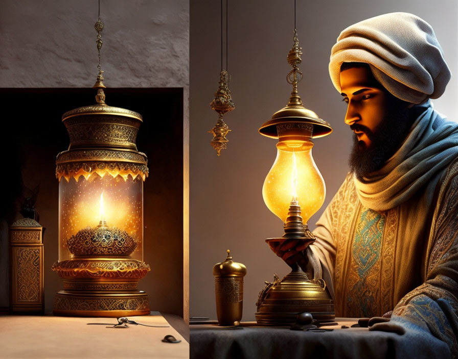 Traditional Attire Man Observing Illuminated Lamp and Lanterns