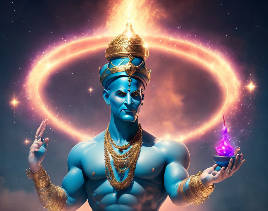 Blue-skinned deity with four arms and golden crown in cosmic setting