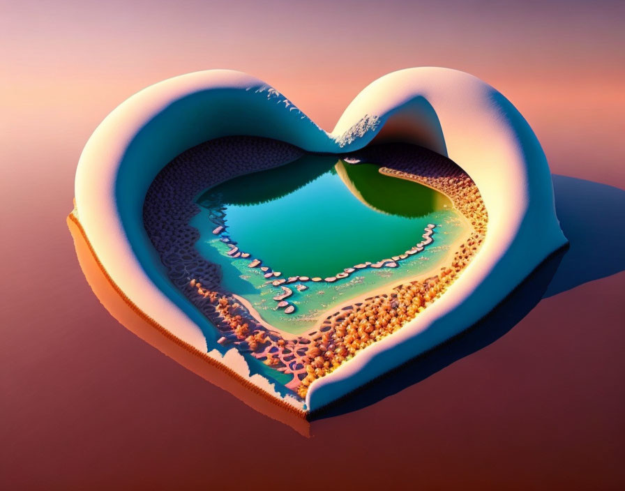 Heart-shaped Island with Lake and Beaches at Sunset