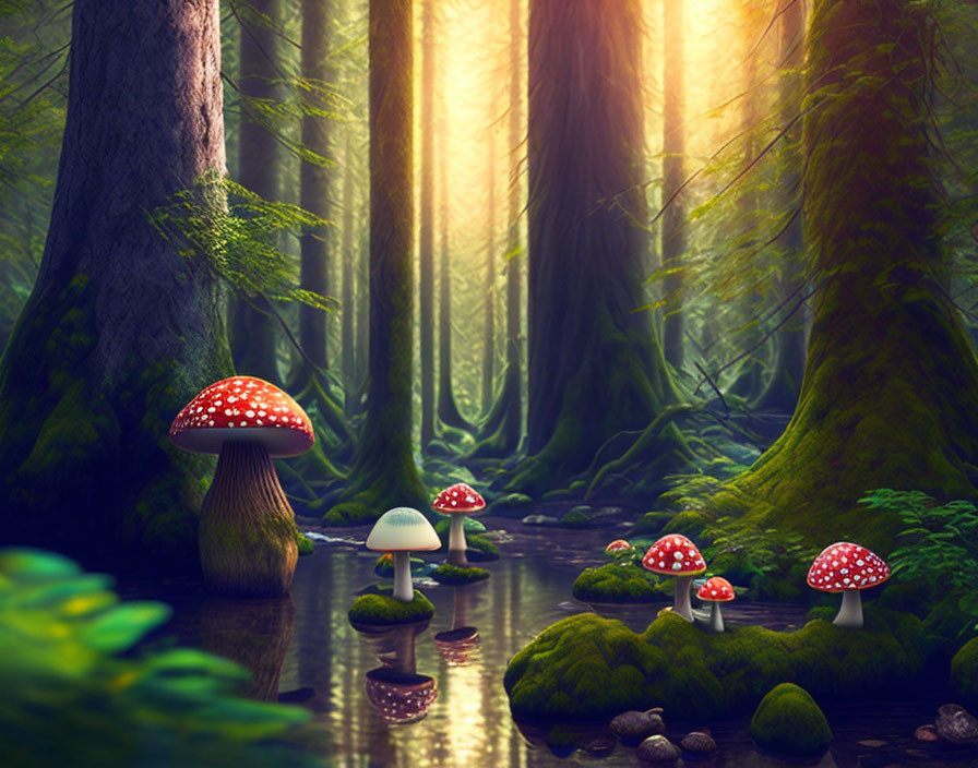 Enchanting forest scene with sunlight, mushrooms, and reflective pool