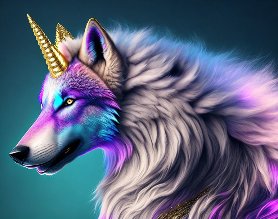 Digital artwork of a vibrant mythical wolf-unicorn creature with glowing fur