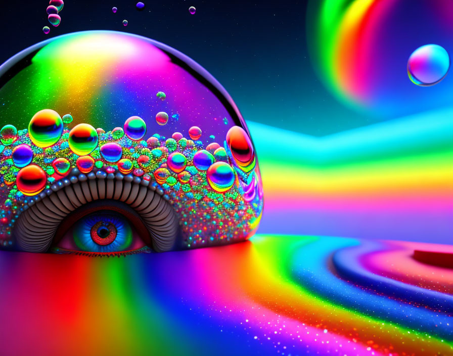 Colorful Digital Artwork with Bubble and Eye Pattern on Rainbow Background