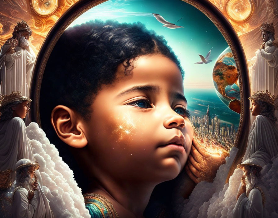 Child with Sparkling Cheeks Surrounded by Celestial Imagery