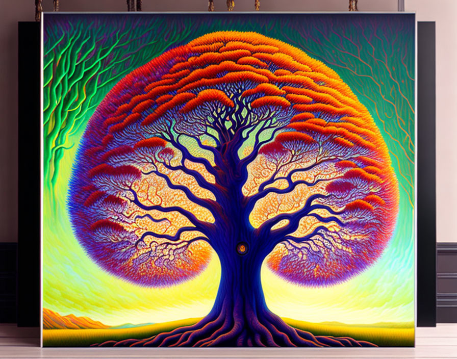 Vibrant Psychedelic Tree Painting with Swirling Patterns