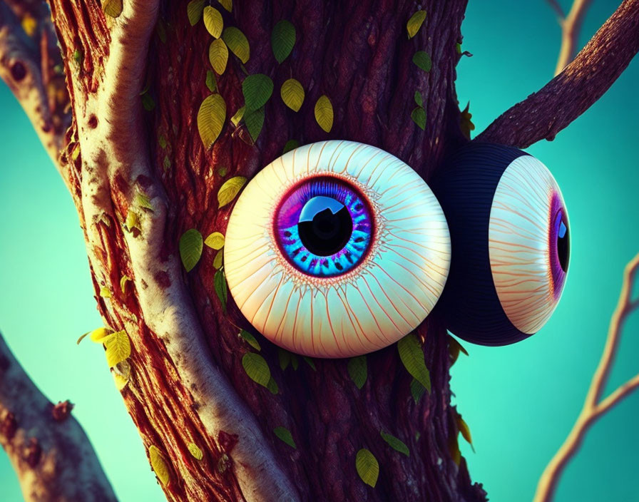 Stylized eyeballs on tree trunk with vivid irises in nature scene