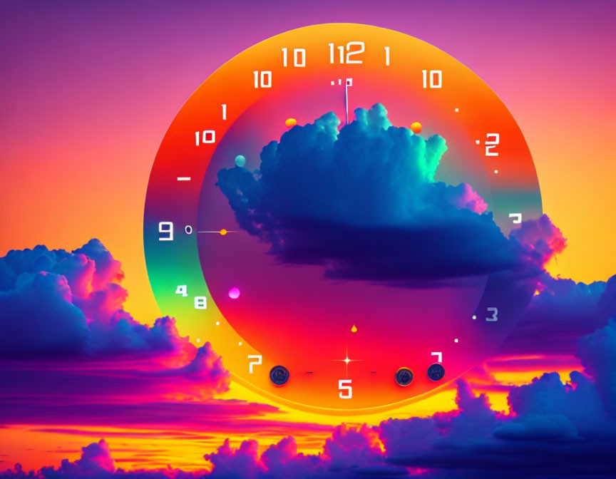 Colorful digital artwork: Clock over sunset clouds