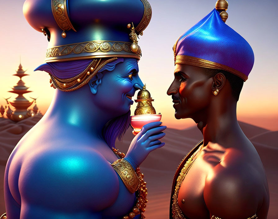 Stylized blue-skinned and darker-skinned characters in desert temple scene