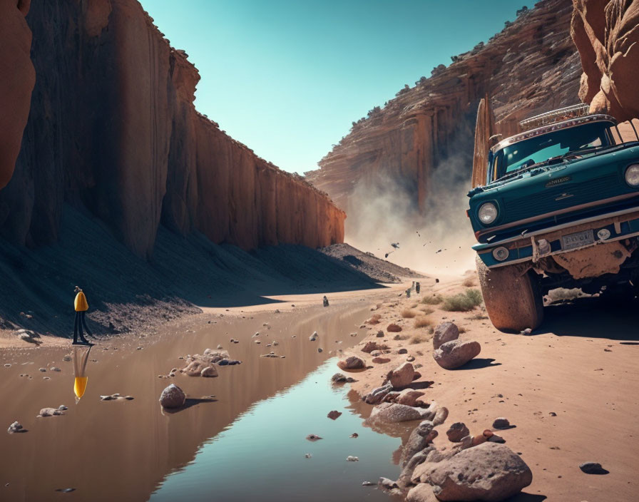 Vintage blue pickup truck in desert canyon with sandy floor and reflective puddle