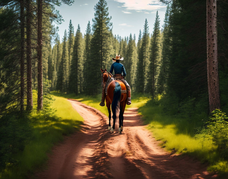 Cowboy hat person riding horse on sunlit dirt path among pine trees
