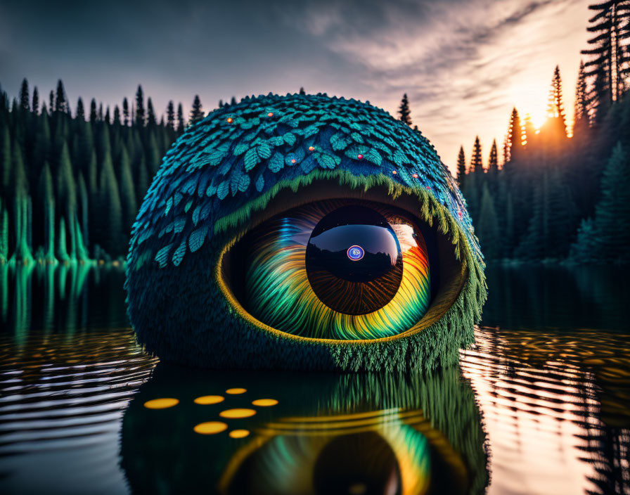 Colorful Giant Eye-Shaped Structure with Greenery by Serene Lake at Sunset