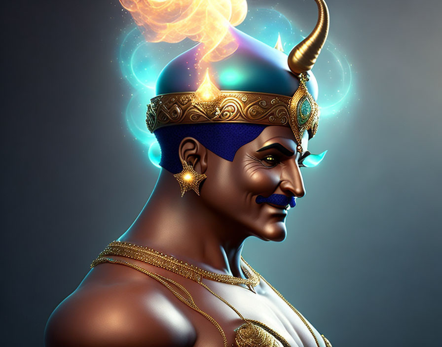 Mythical figure with blue skin and golden crown in digital art