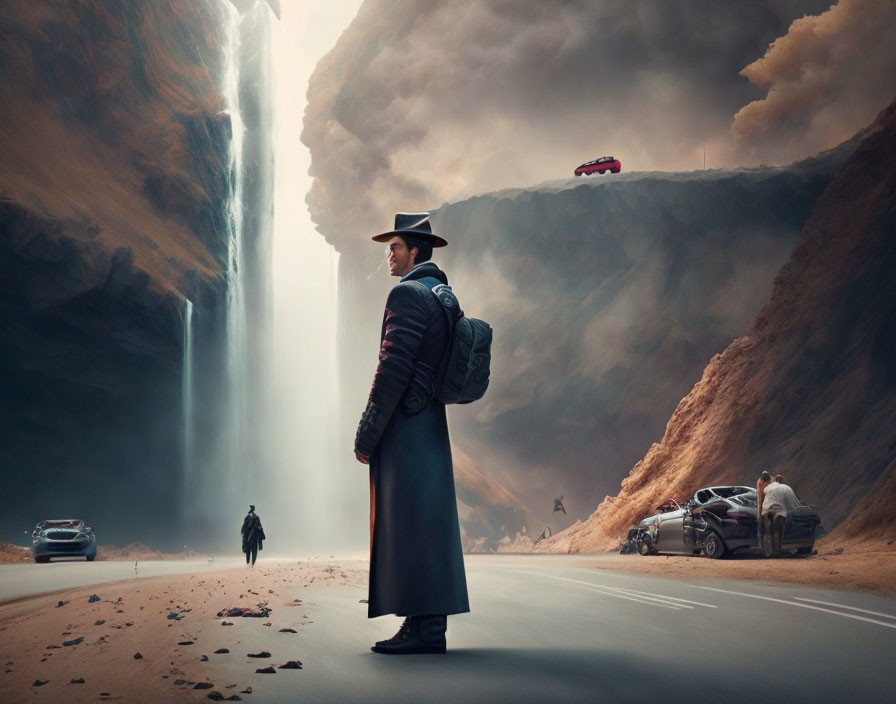 Person on Road with Waterfall, Cliff, and Red Vehicle in Surreal Landscape