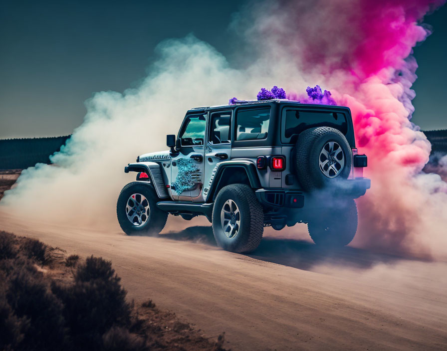 Modified Jeep with skull graphic kicks up dust on dirt road with purple smoke.