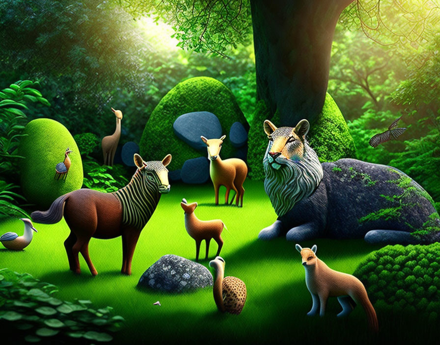 Colorful digital art: Majestic lion, zebra, deer, and more in whimsical forest