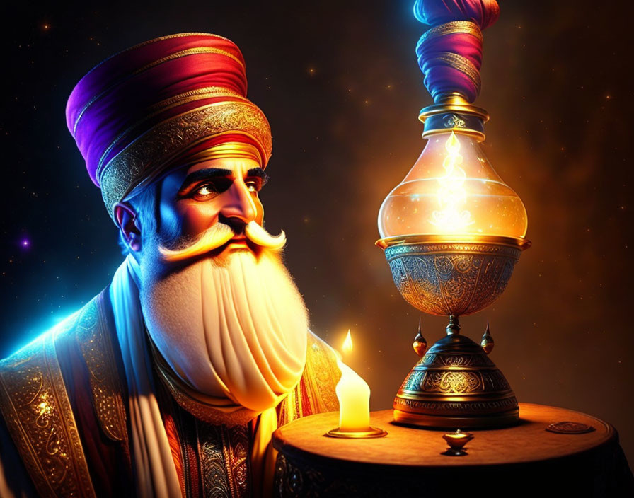 Majestic animated character with turban and moustache admiring glowing lamp