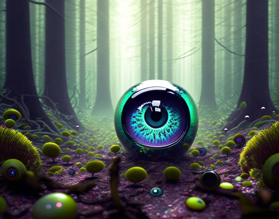 Surreal image of giant blue eye in mystical forest with small eyes.