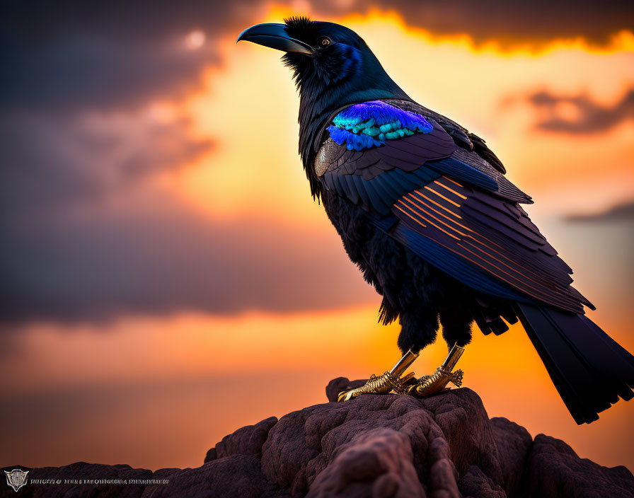 Colorful Raven Perched on Rocky Outcrop Against Orange Sky