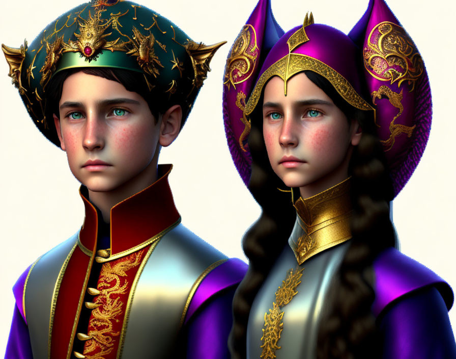 Young characters in royal attire with ornate headpieces and golden embroidery.