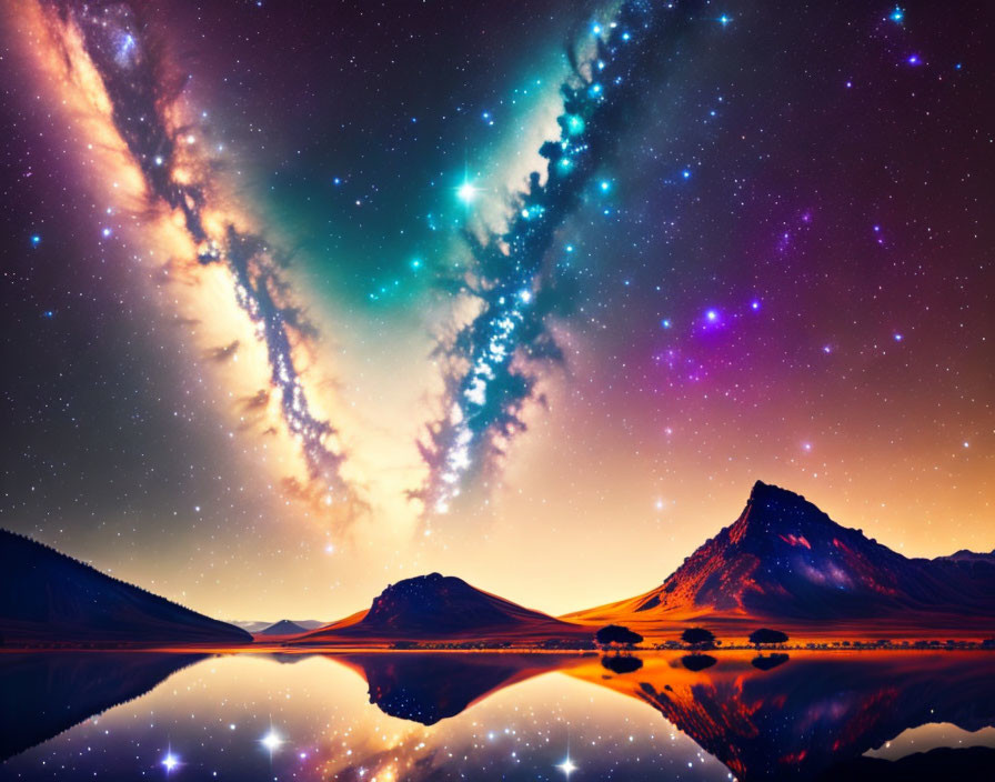 Cosmic sky with starry nebula over serene lake and twilight mountains.