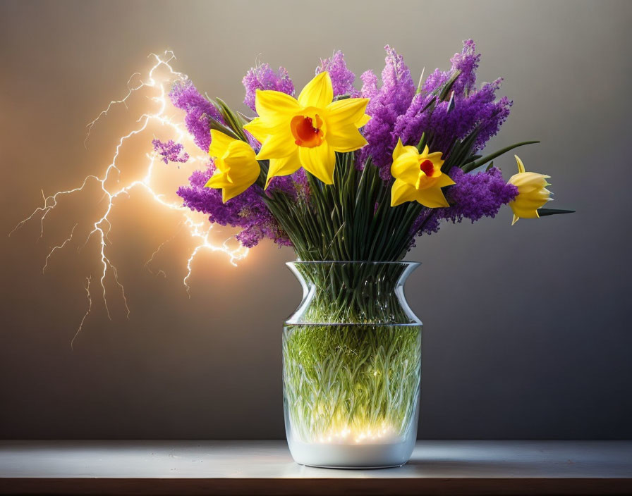 Yellow Daffodils and Purple Flowers on Table with Lightning Backdrop