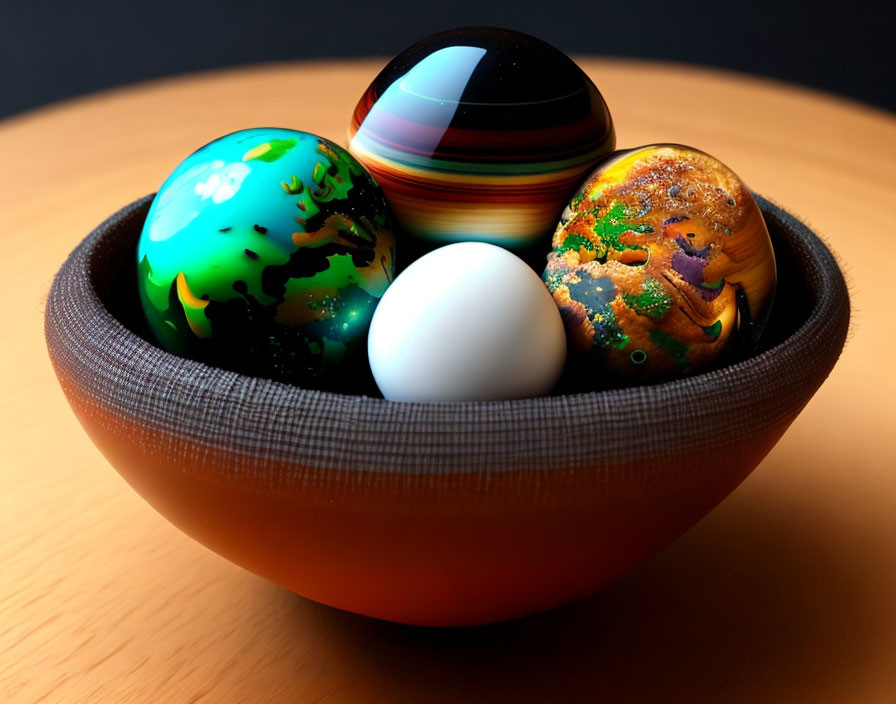 Colorful Planet-Inspired Spheres in Brown Bowl