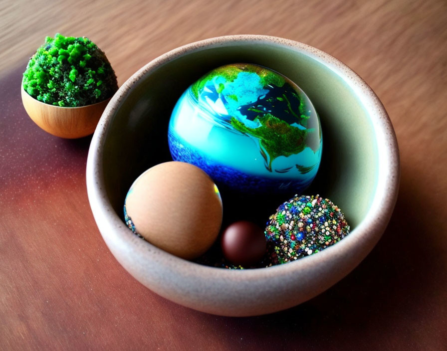 Decorative arrangement with bowl, globe, wooden egg, beaded sphere, moss ball