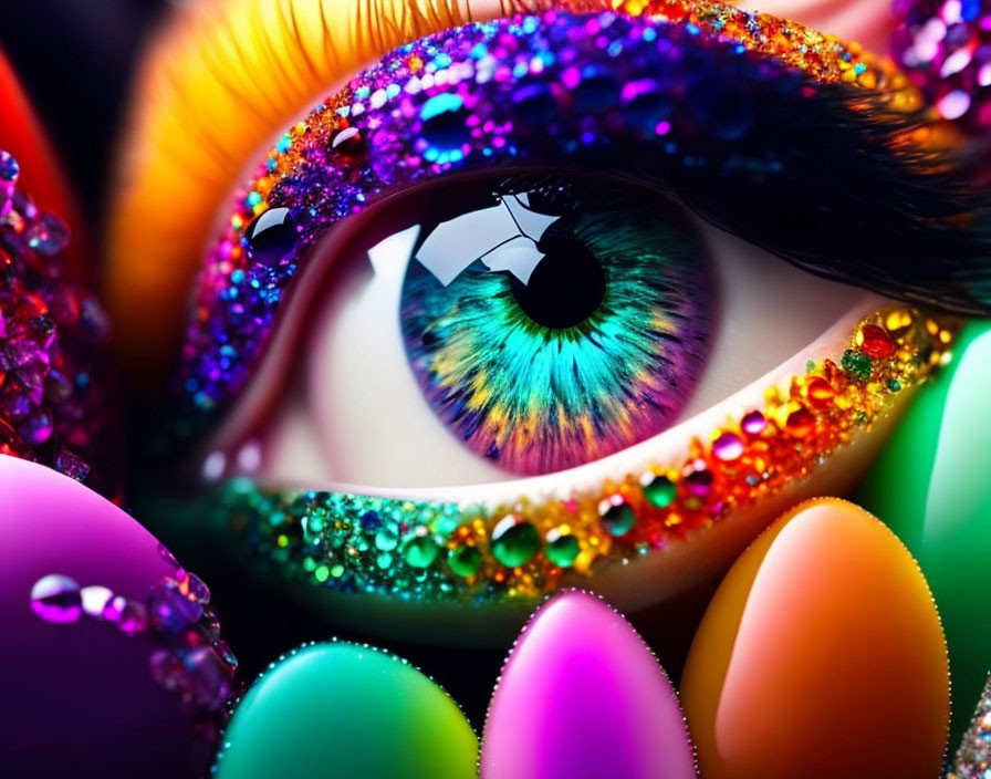 Close-up of multicolored sparkling eye makeup and glittery objects.