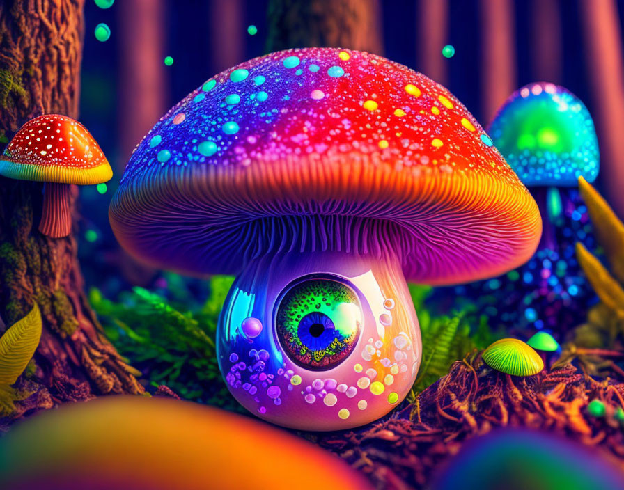 Colorful, oversized mushrooms in surreal forest scene