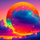 Colorful digital artwork: Clock over sunset clouds