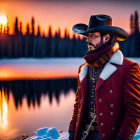 Man in military-style jacket and cowboy hat by lake at sunset with trees and sun reflection.