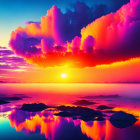 Scenic sunset with rainbow clouds reflected on calm water and silhouetted rocks