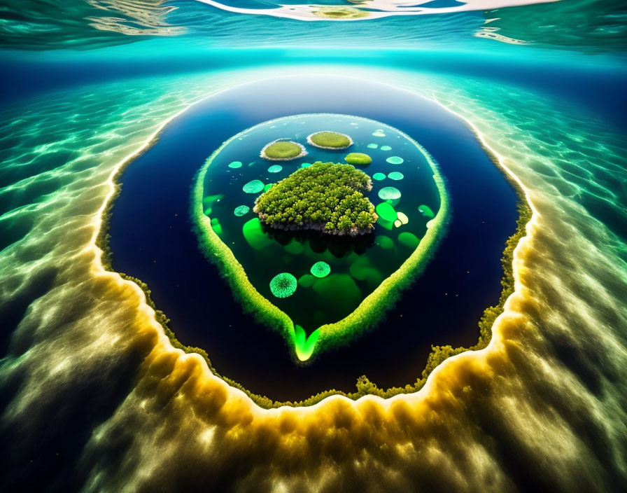 Heart-shaped island surrounded by glowing water and smaller islands in vibrant landscape