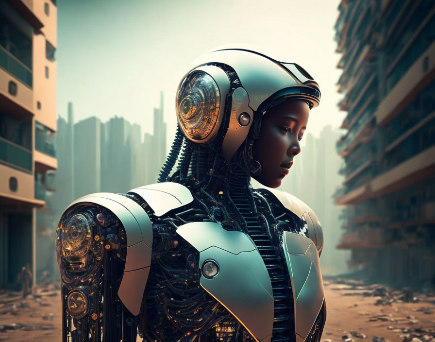 Futuristic humanoid robot with complex mechanical design in deserted city setting