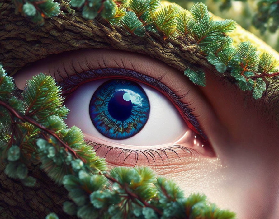 Blue eye framed by tree branch with green moss, symbolizing human-nature blend