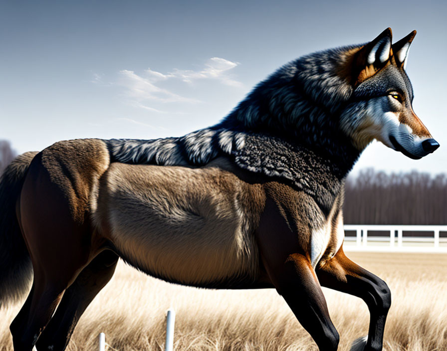 Detailed digital illustration of majestic wolf in sunlit field