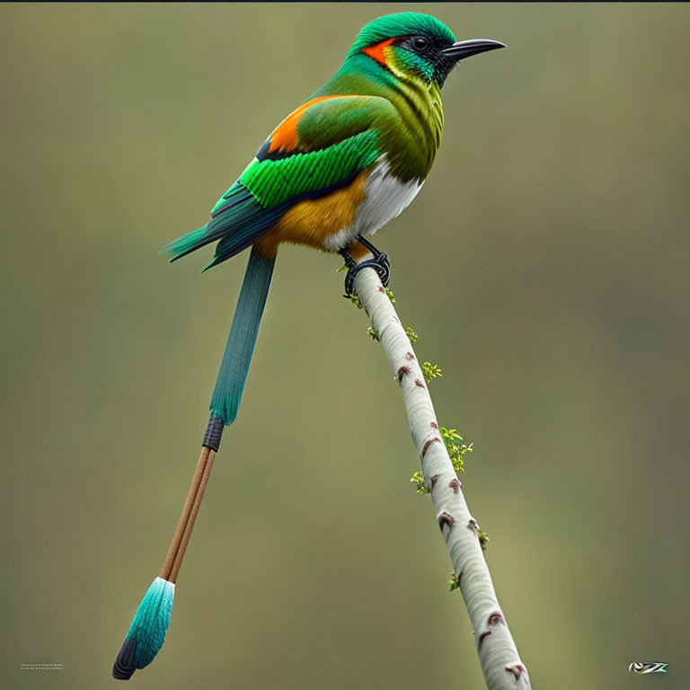 Colorful Bird with Green, Orange, and Blue Plumage Perched on Twig